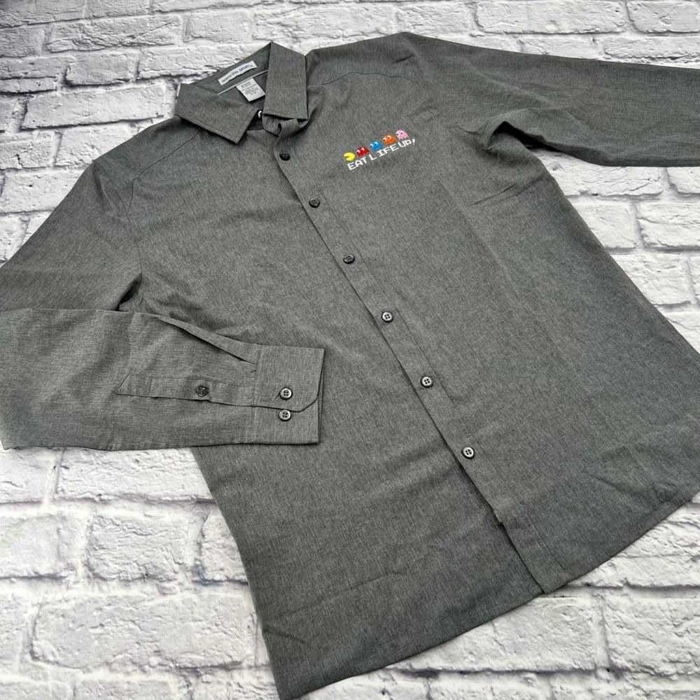 North End Sport Mens Small Gray Pac-Man Eat Life Up Button Up Shirt Long Sleeve